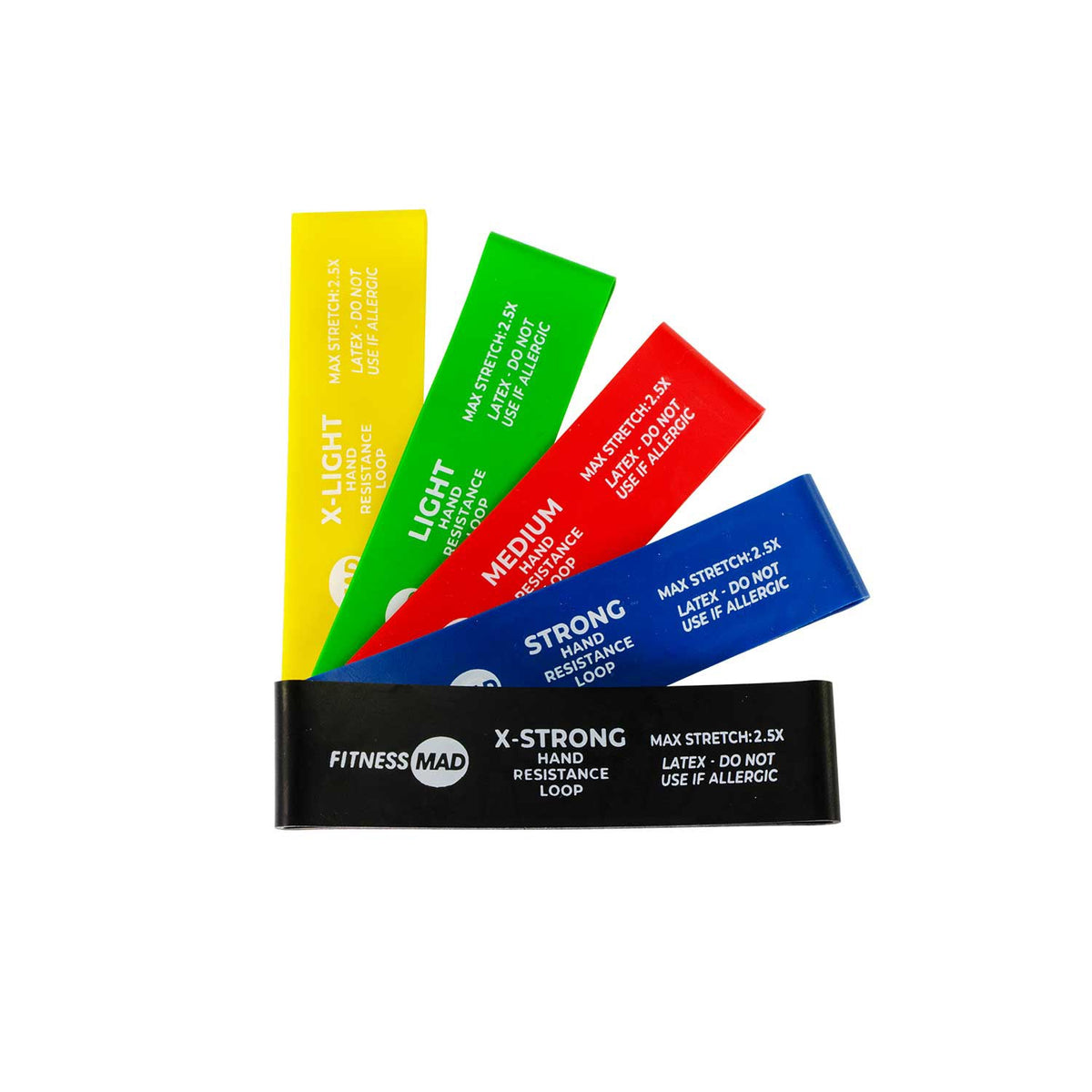 Fitness-Mad hand exercise bands in five resistance levels