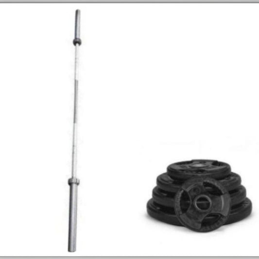 Gymless 120kg Olympic weightlifting set with 7ft steel barbell and black rubber-coated tri-grip weight plates