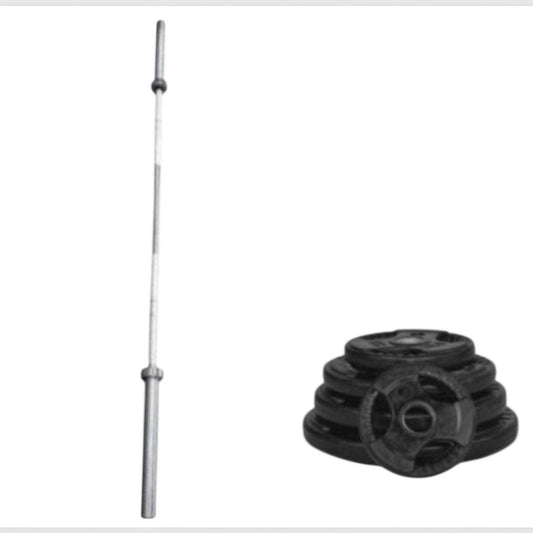 Gymless 170 kg Olympic weightlifting set with a 7ft steel bar and black rubber-coated tri-grip weight plates