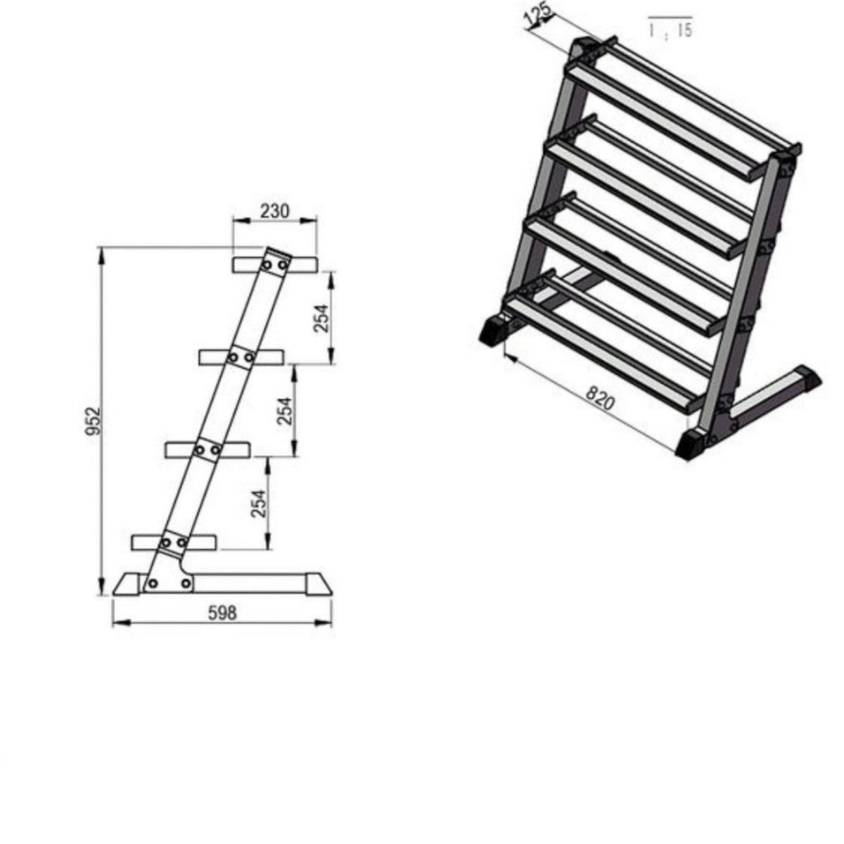 Gymless 4 tier dumbbell rack technical diagram showing dimensions and side profile for home gym storage