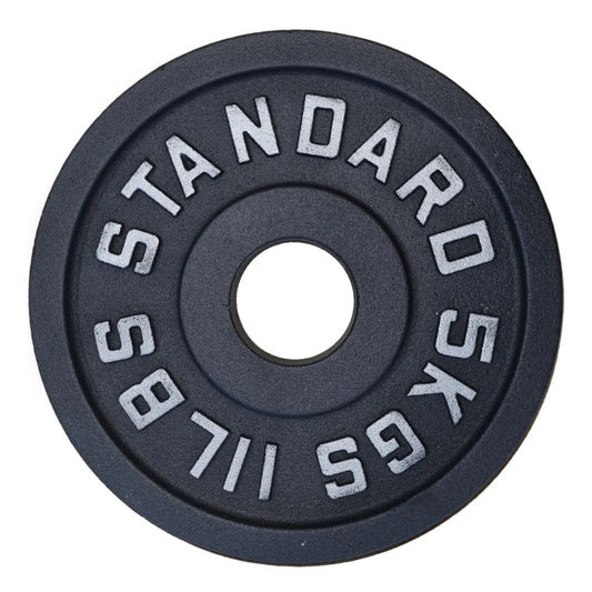 Gymless 5kg black powder-coated cast iron Olympic weight plate with silver lettering for strength training.