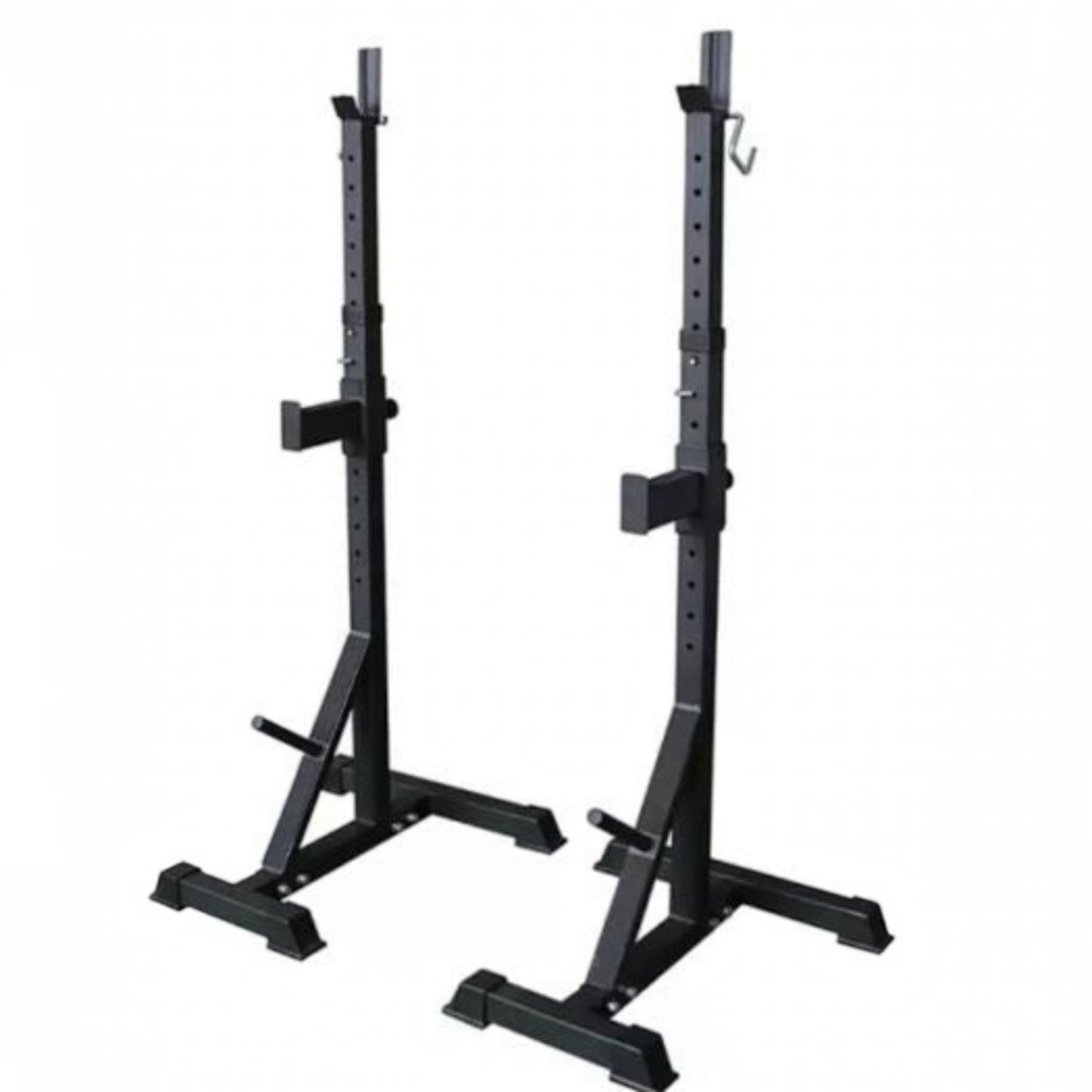 Gymless adjustable black steel squat stands for home and commercial weight training with safety spotter arms