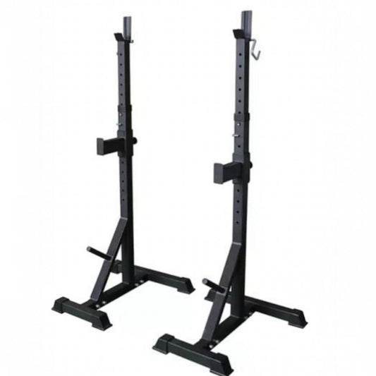 Gymless adjustable black steel squat stands for home and commercial weight training with safety spotter arms