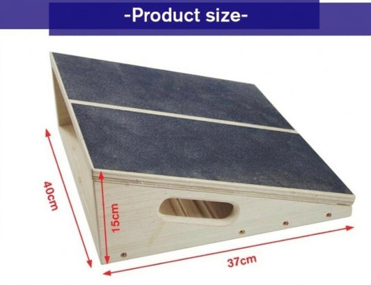 Gymless adjustable wooden slant board with anti-slip surface and carry handle, showing dimensions for calf stretching.
