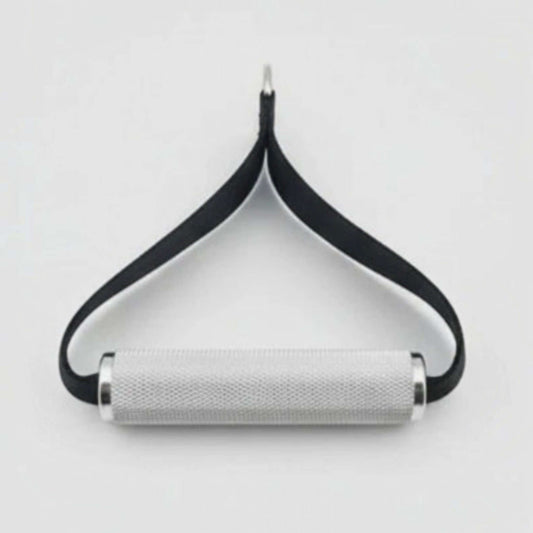 Gymless premium single cable handle with a textured aluminium grip and durable black nylon strap for gym machines.