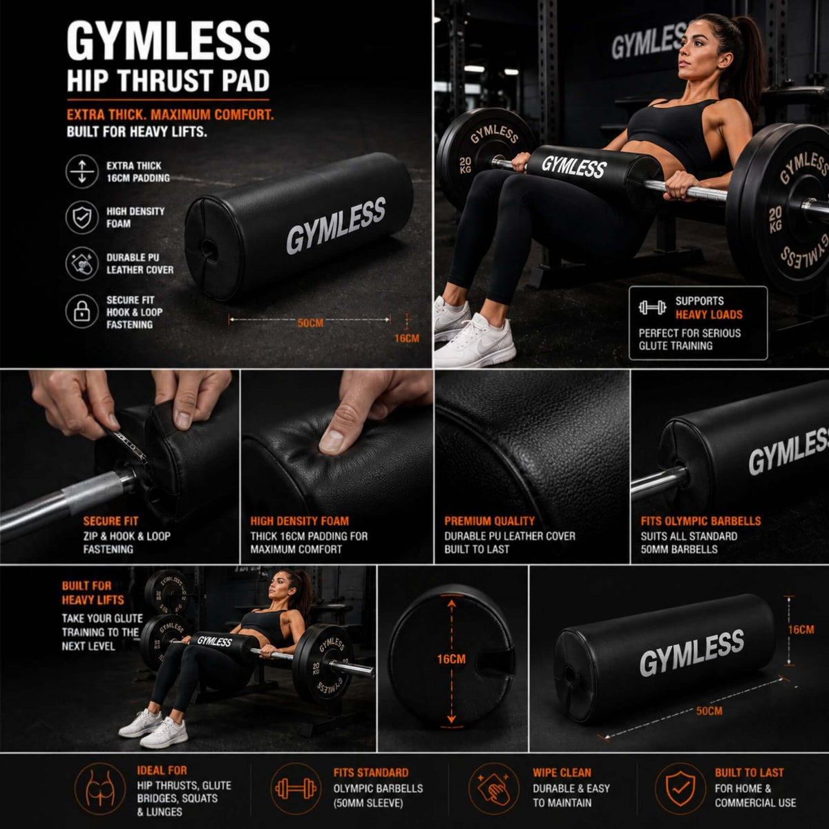 GYMLESS Hip Thrust Pad for gym equipment for glutes, designed for comfort during heavy lifts with high-density foam.