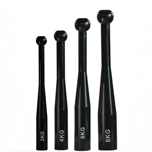 Gymless black steel clubbells in 2kg, 4kg, 6kg, and 8kg sizes for functional strength and shoulder mobility training.