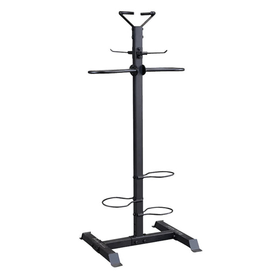 Gymless Body-Solid Compact Accessory Tower with black steel frame for storing gym balls, bands, and yoga mats.