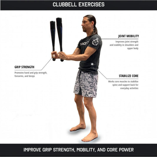 Gymless athlete demonstrating clubbell exercises for grip strength, joint mobility, and core stability
