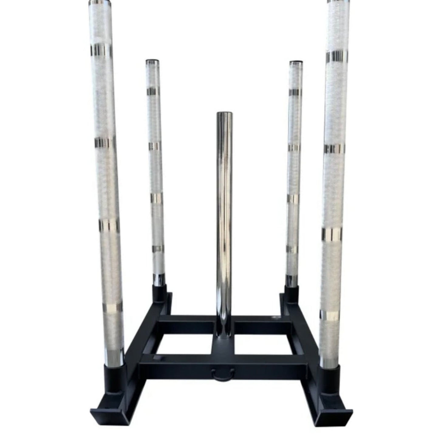 Gymless Competition Sled with heavy-duty black steel frame, four knurled upright posts, and a central weight horn.