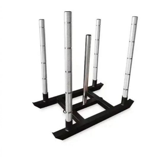 Gymless Competition Sled with four detachable knurled upright posts and a central weight horn for strength training.