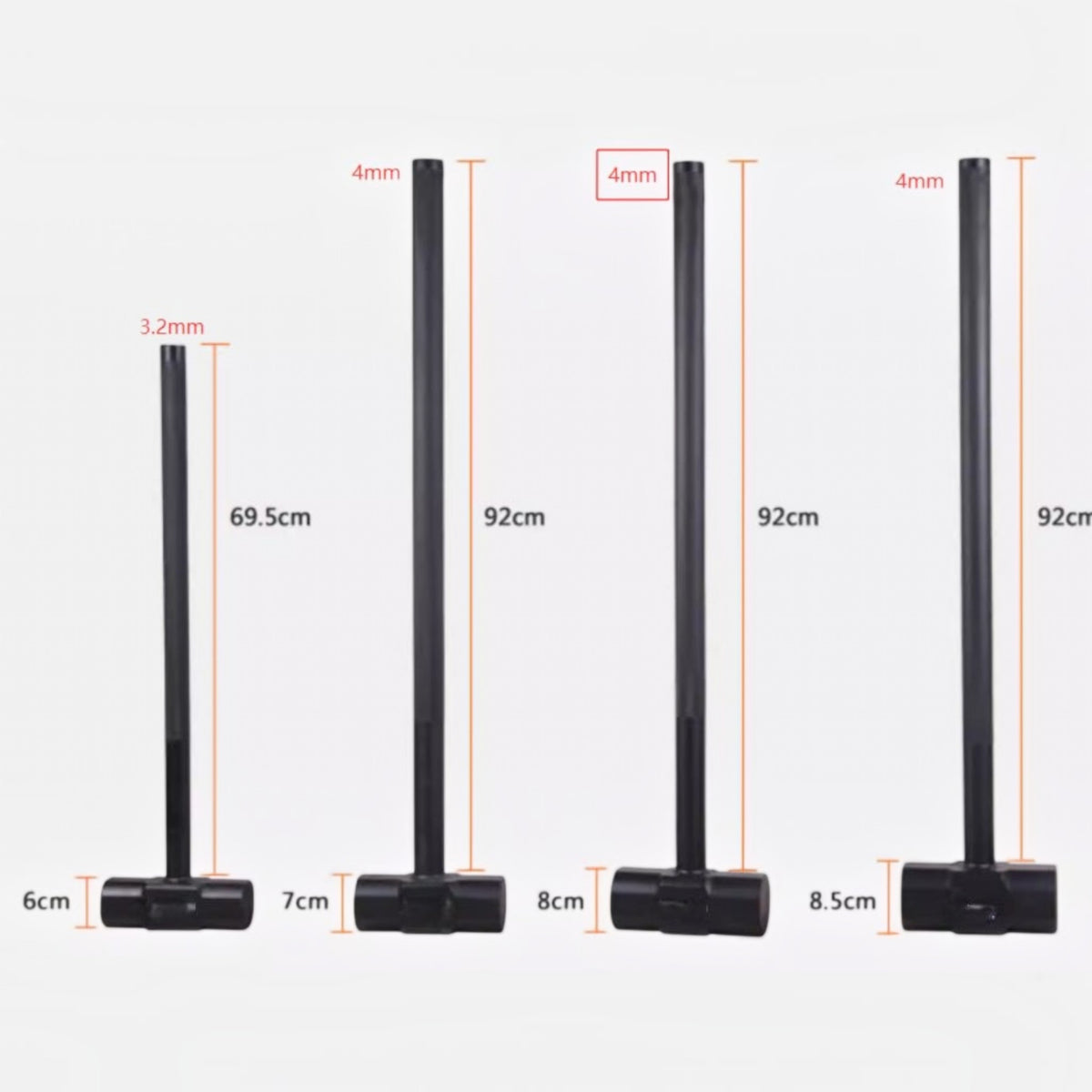 Gymless gym hammers in four sizes with steel heads and fibreglass handles, showing dimensions for tyre workouts.
