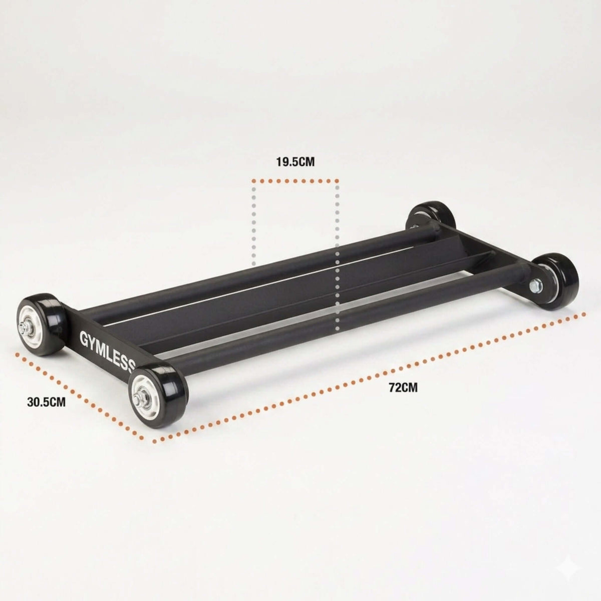 Gymless Glute Ham Roller in black steel with smooth-rolling wheels for hamstring curls and core training exercises.