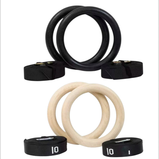 Gymless gym rings set including black ABS and natural wood rings with adjustable 4.5m straps for functional training