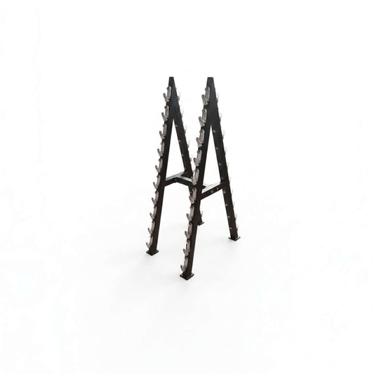 Gymless heavy-duty black steel A-frame storage rack for 20 cable machine attachments in a gym setting