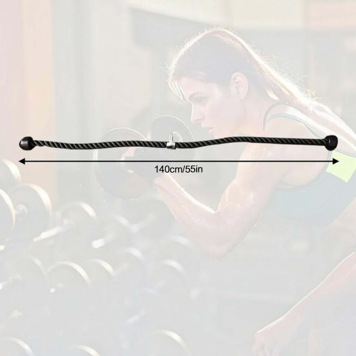 Gymless 140cm heavy-duty black tricep rope cable attachment for gym exercises with rubber end stoppers