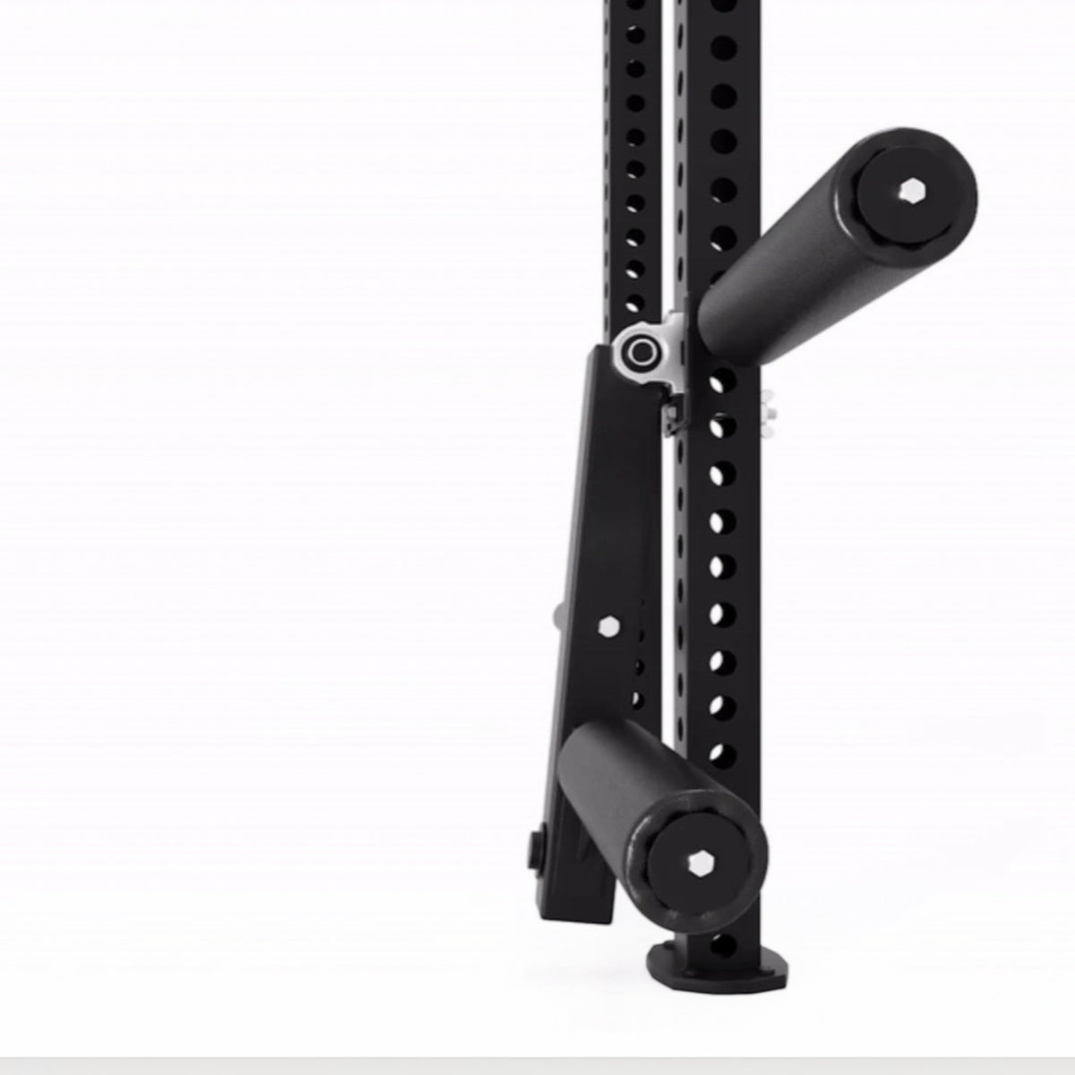 Gymless black steel leg curl and extension attachment mounted on a vertical rack for home gym strength training.