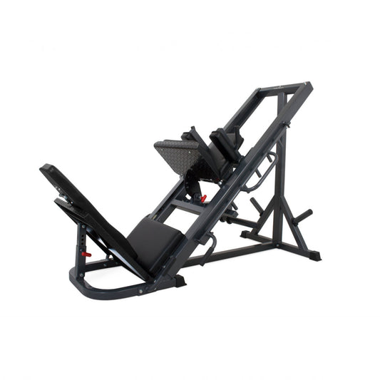 Gymless 800 LPHS multifunctional leg press and hack squat machine with adjustable foot plates and black powder coating.