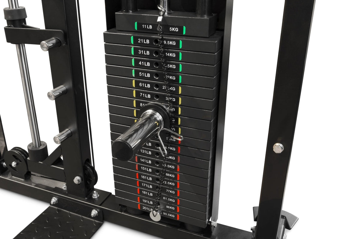 Gymless Newton Fitness MW-5 magnetic weight plate pin attached to a black steel gym weight stack for extra load