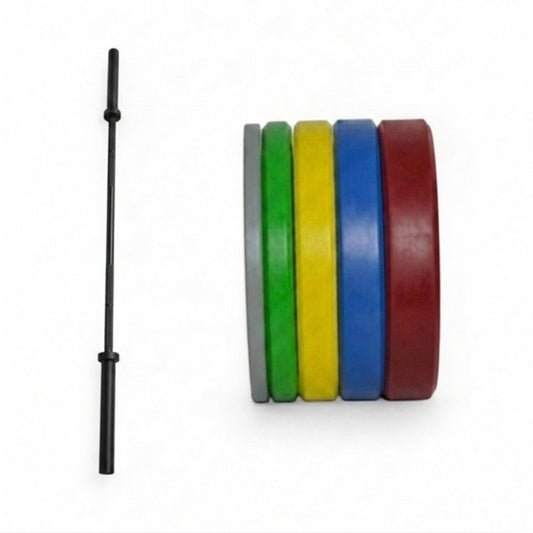 Gymless 170 kg Olympic weightlifting set featuring a black steel barbell and a stack of multi-coloured rubber plates