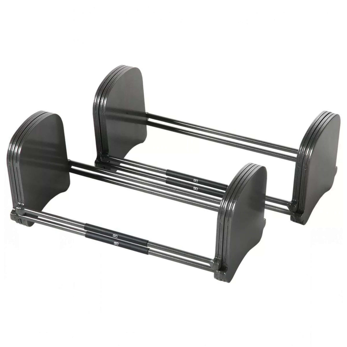Gymless PowerBlock Sport EXP adjustable dumbbells with black steel weight plates and side rails for home gym training