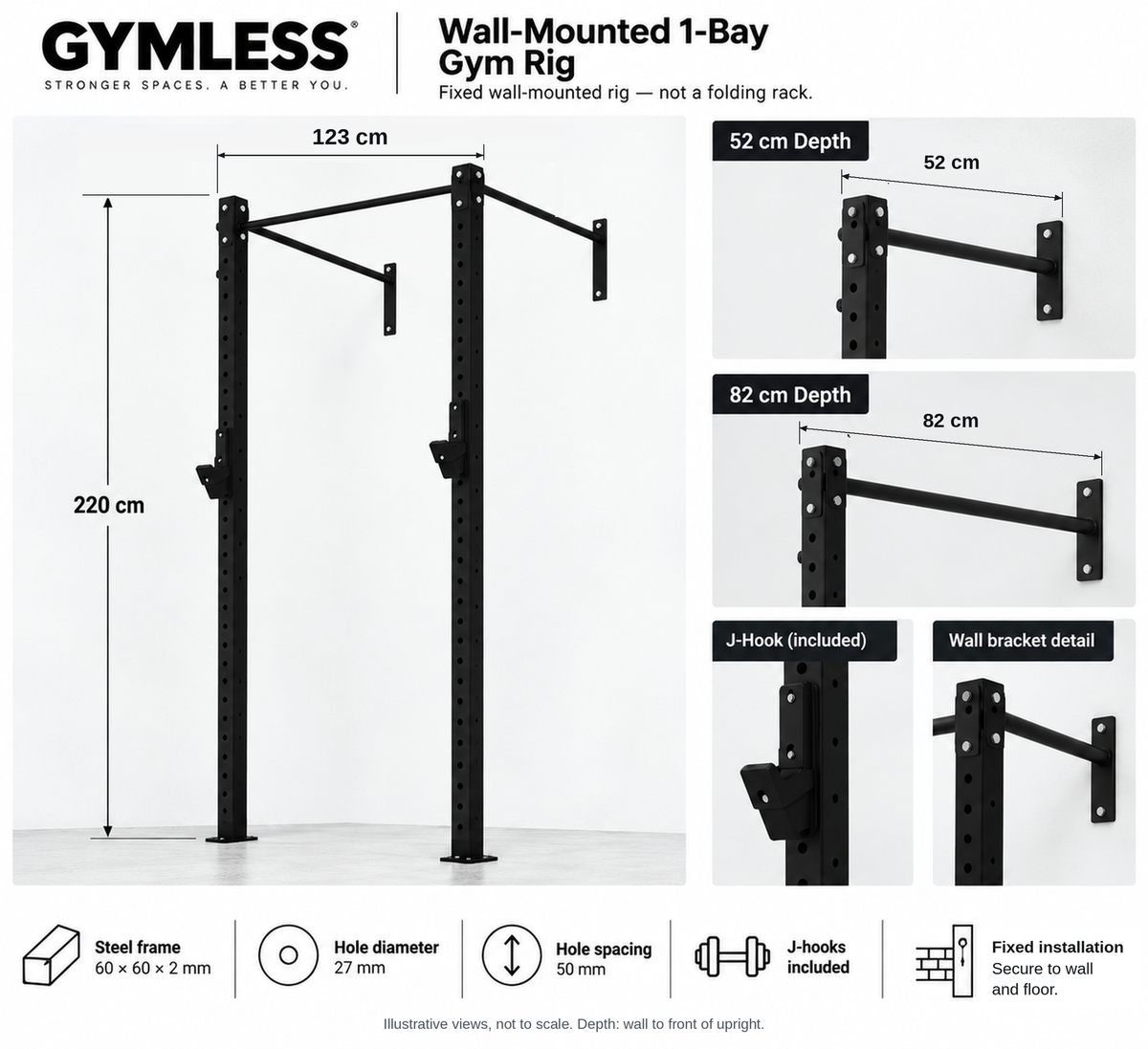 Gymless fixed wall-mounted 1-bay gym rig dimensions: 220 cm high, 123 cm wide, with 52 cm or 82 cm depth options; wall and floor fixing required.