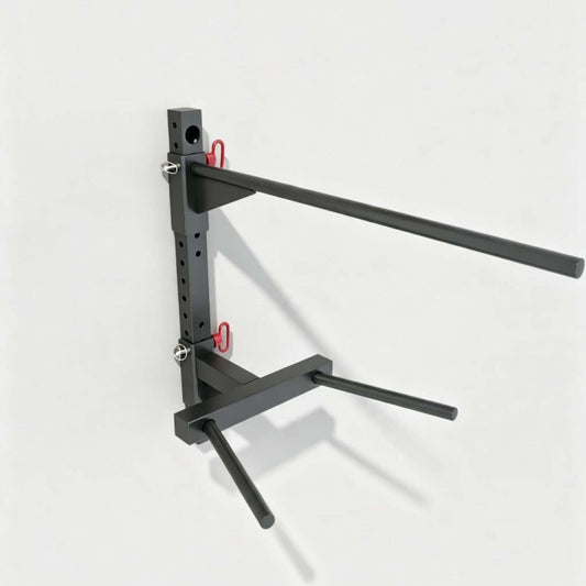 Wall mounted pull up bar dip station designed for upper-body strength training in home gyms.