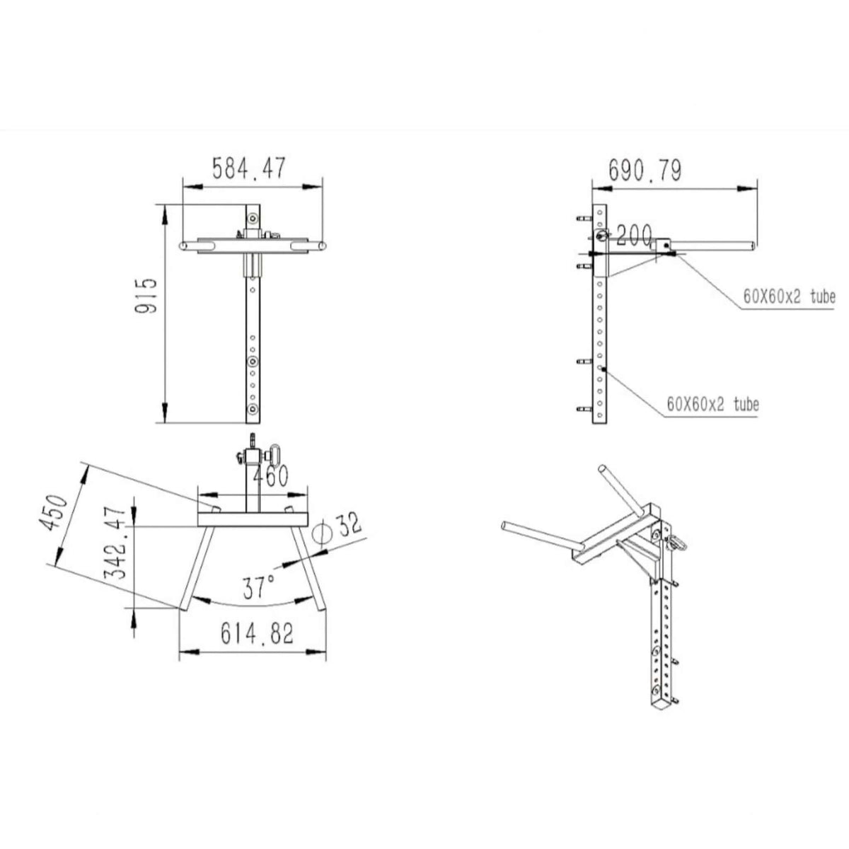 Technical drawing of a wall mounted pull up bar dip station with dimensions for home gym design.