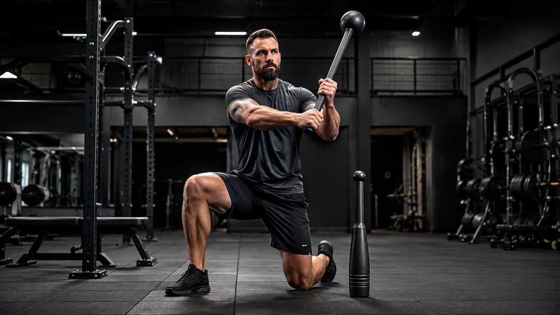 Athlete training with a steel macebell in a gym, with a clubbell beside him