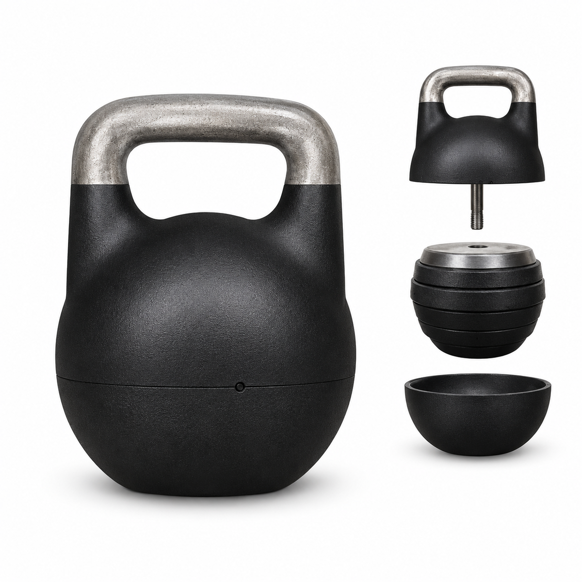 Gymless 12–32 kg adjustable kettlebell beside an exploded view of the internal weight stack and removable base.

