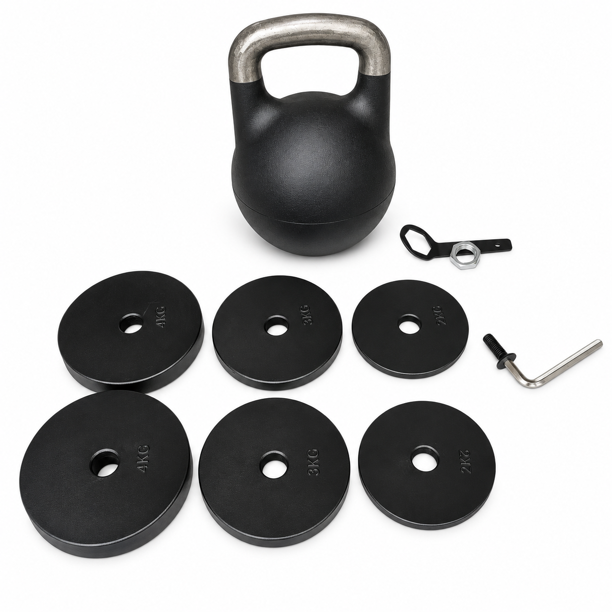 Gymless adjustable kettlebell with removable 4 kg, 3 kg and 2 kg plates, locking wrench, nut and Allen key.

