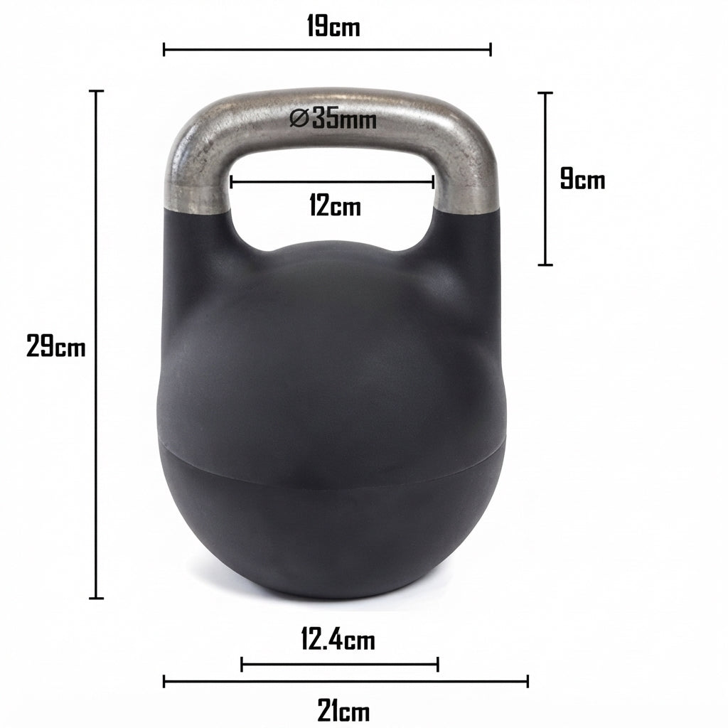 Dimensions of the Gymless adjustable kettlebell: 29 cm high, 21 cm wide and 35 mm handle diameter.
