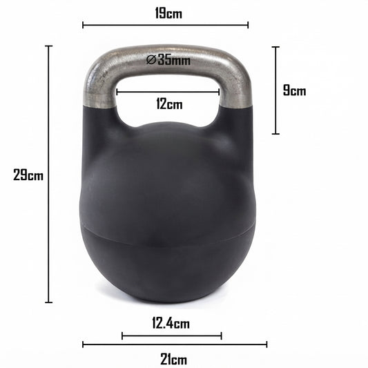 Dimensions of the Gymless adjustable kettlebell: 29 cm high, 21 cm wide and 35 mm handle diameter.
