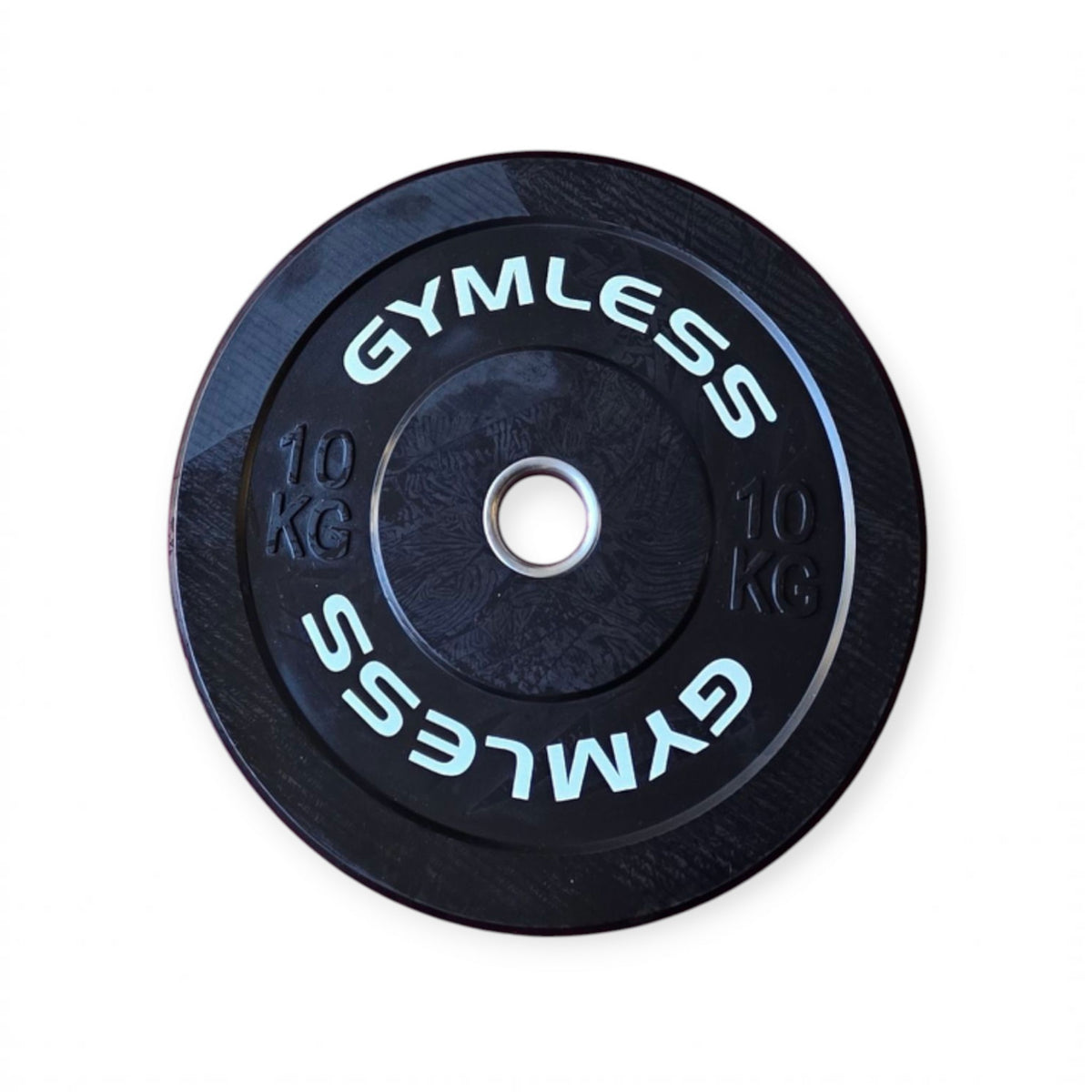 Gymless 10kg black rubber Olympic bumper plate with white branding and 51mm centre hole
