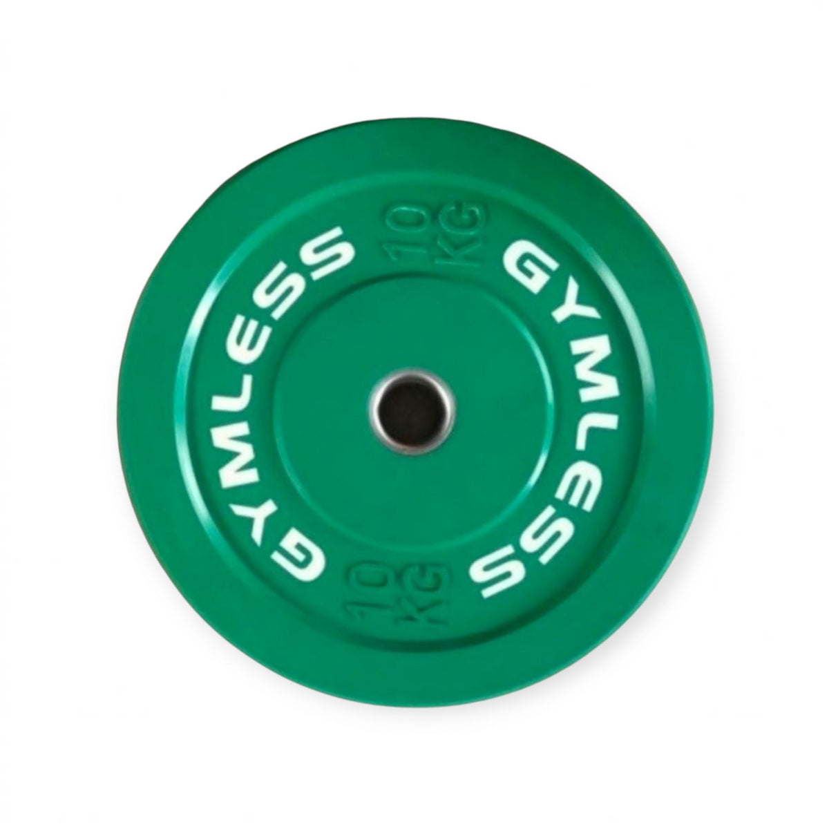 Gymless 10 kg green Olympic bumper plate with white branding, designed for weightlifting and strength training.