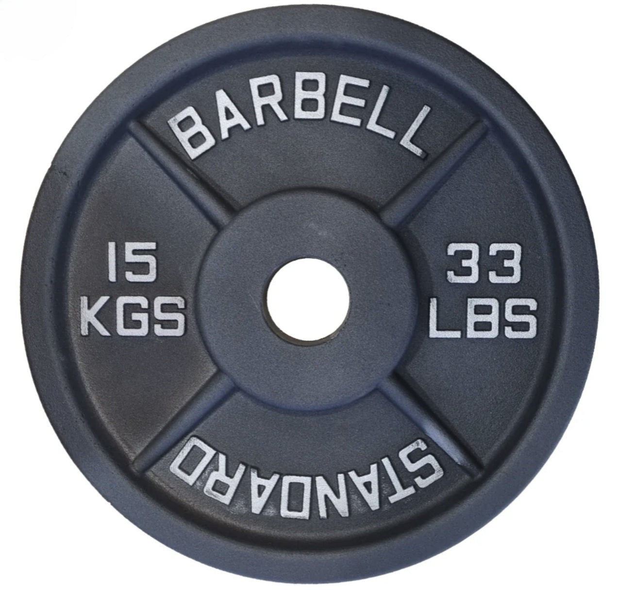 Gymless 15kg Olympic cast iron weight plate with black powder-coated finish and silver embossed lettering