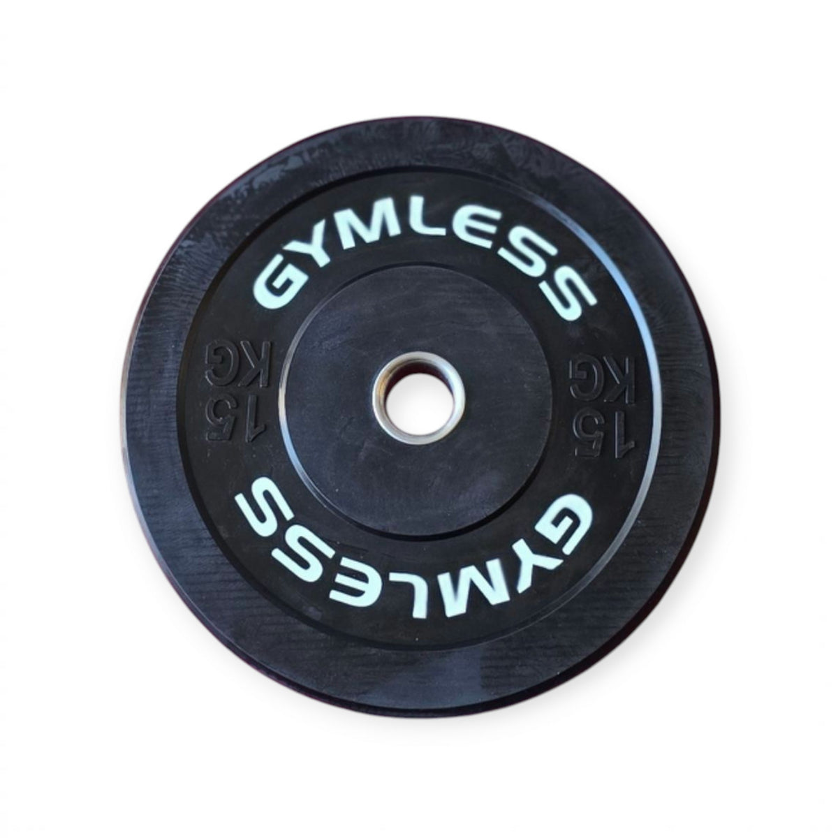 Gymless 15kg black rubber Olympic bumper plate with reinforced steel centre sleeve for weightlifting