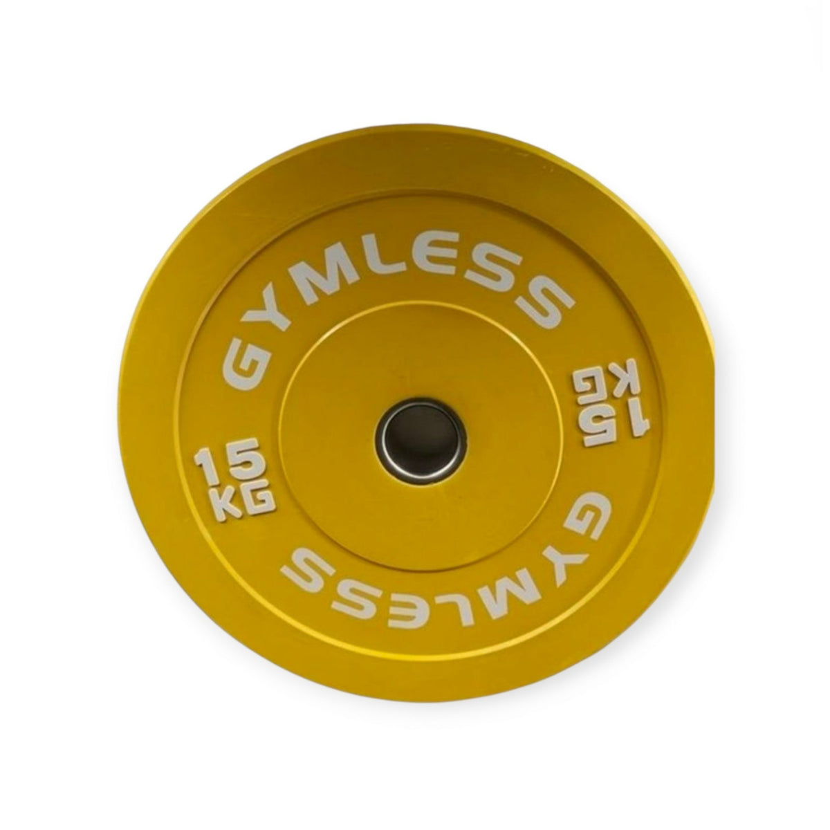 Gymless 15 kg yellow Olympic bumper plate with white branding and central steel sleeve