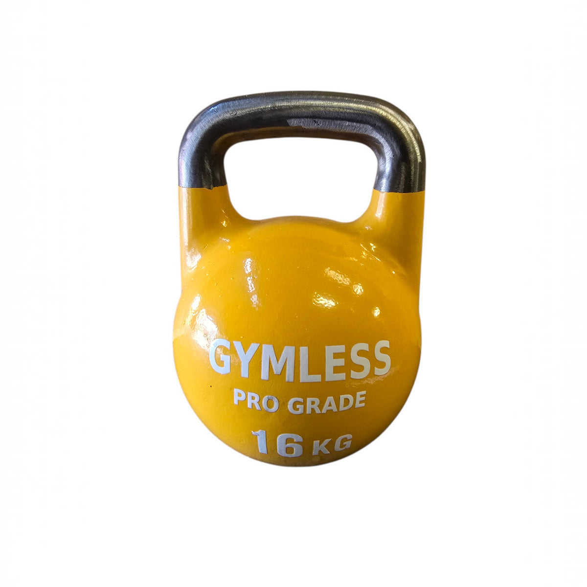 Yellow 16 kg competition kettlebell for strength training, featuring gymless pro grade construction, ideal for kettlebell strength training.