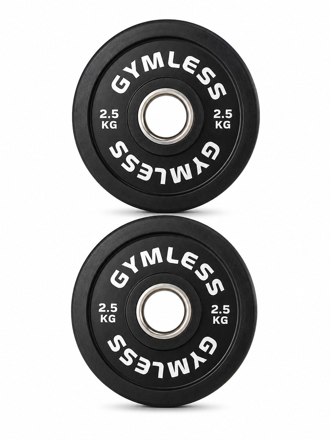 Gymless 2.5kg black rubber fractional Olympic weight plates with steel centre rings, sold as a pair.