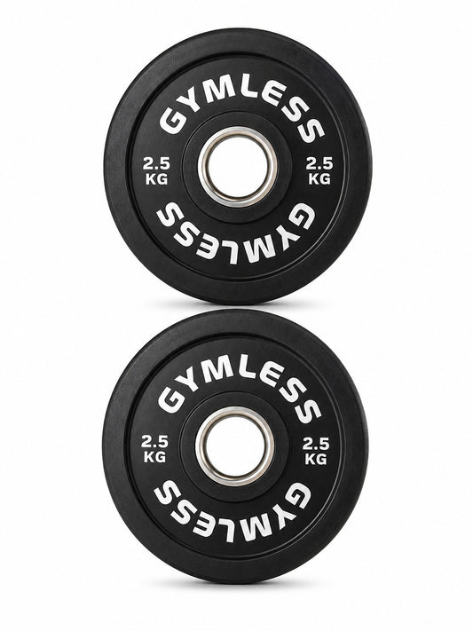 Gymless 2.5kg black rubber fractional Olympic weight plates with steel centre rings, sold as a pair.