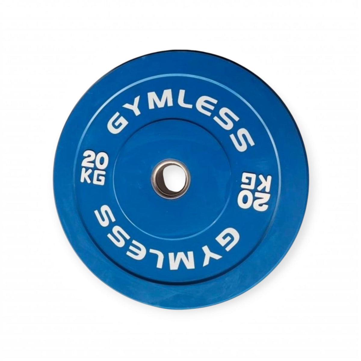 Gymless 20kg blue Olympic bumper plate with white branding and steel centre ring for weightlifting
