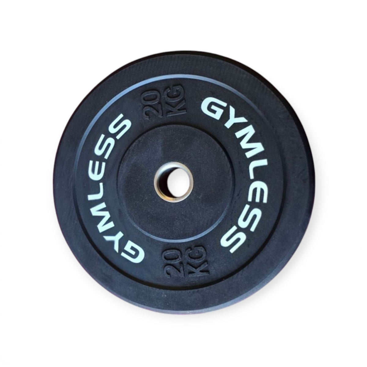 Gymless 20kg black rubber Olympic bumper plate with reinforced steel centre sleeve for weightlifting
