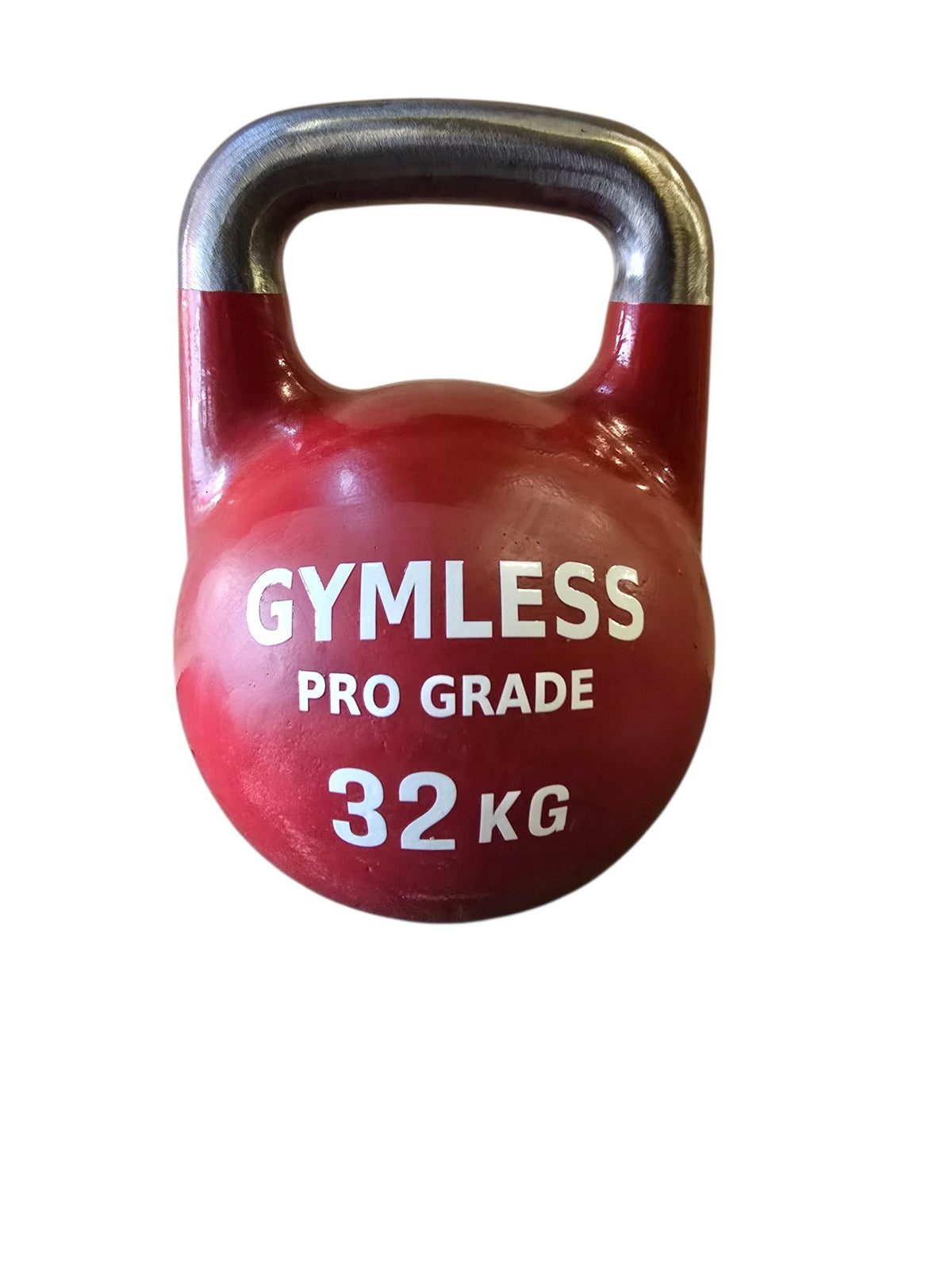 Red competition kettlebell labeled 'GYMLESS PRO GRADE 32 KG', perfect for kettlebell strength training.