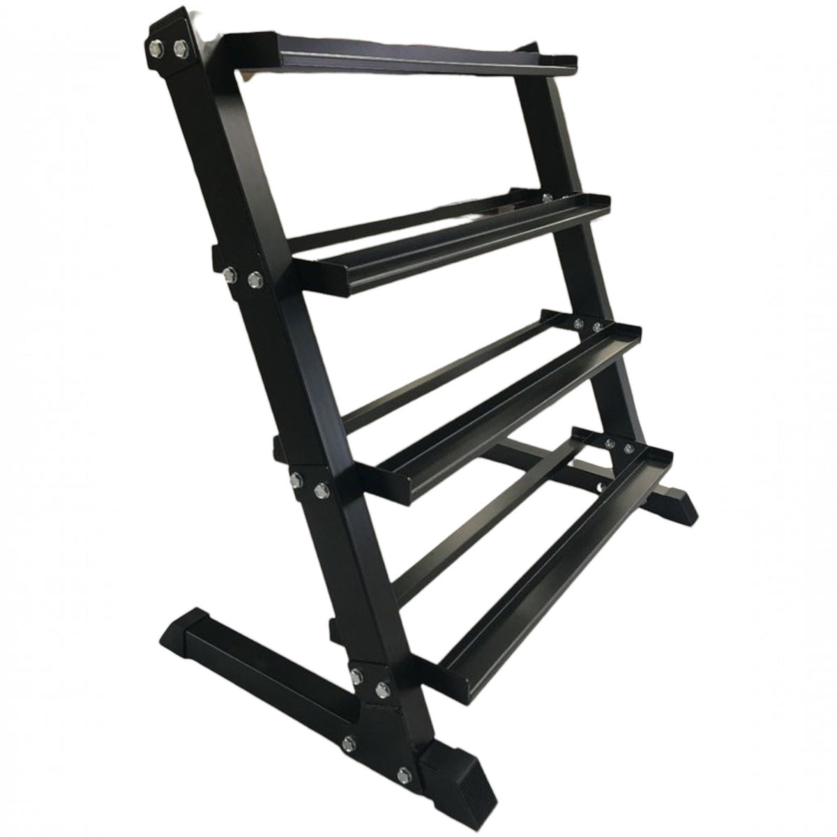 Four-tier black steel rack for hex dumbbell storage