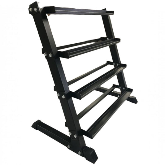 Four-tier black steel rack for hex dumbbell storage