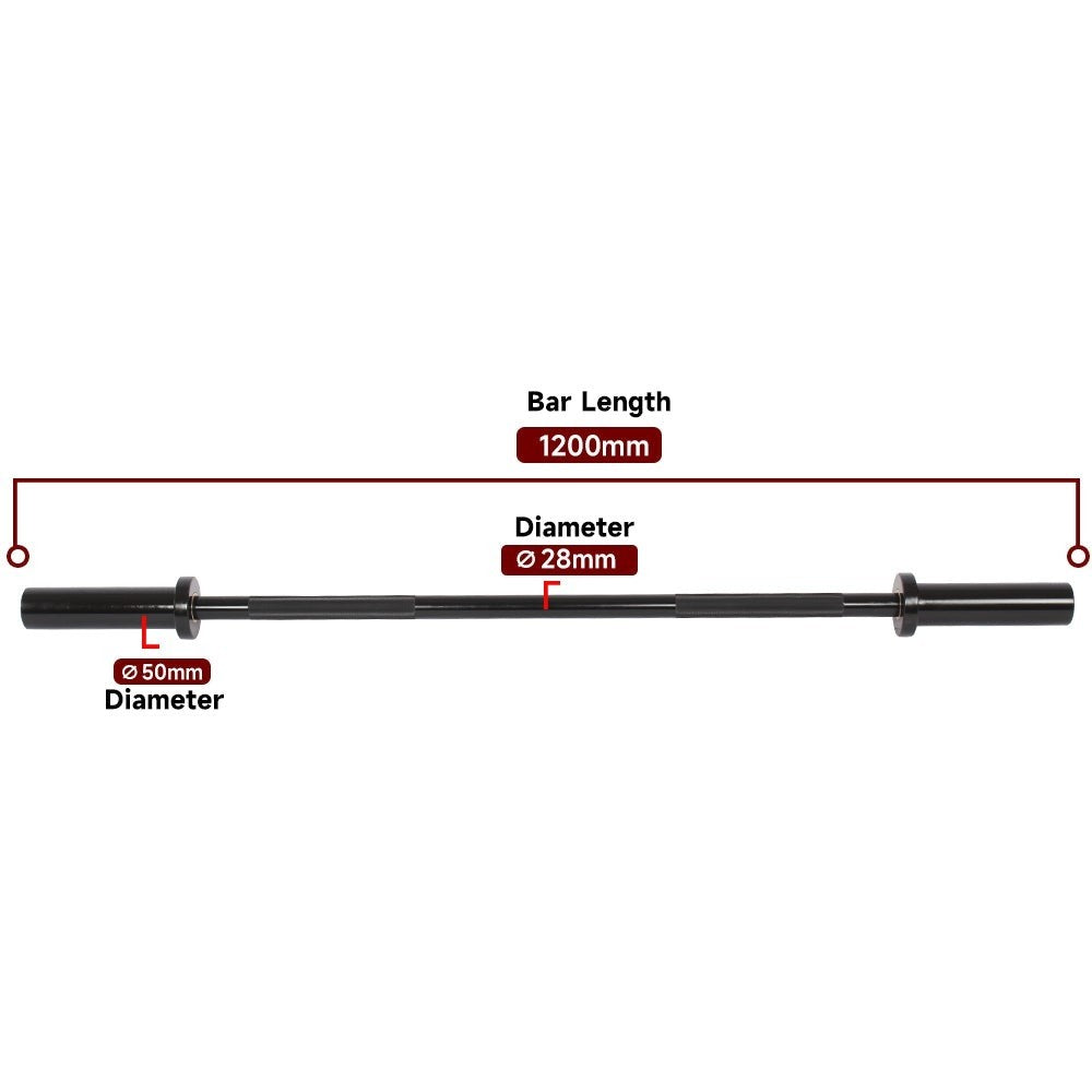 Gymless 4ft black steel training barbell with 28mm shaft and 50mm Olympic sleeves for technique and rehab training.