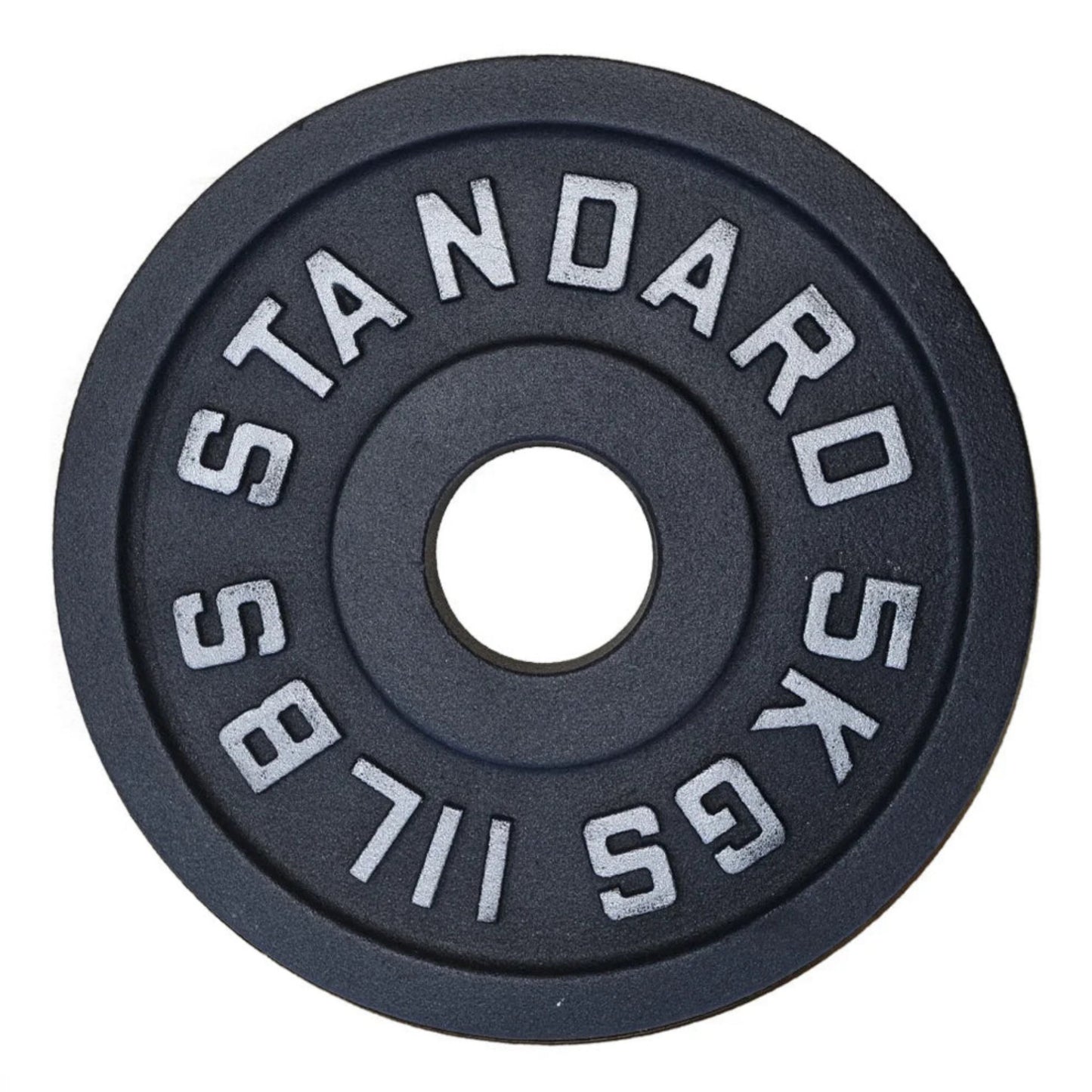 Gymless 5kg black powder-coated cast iron Olympic weight plate with silver lettering for strength training.