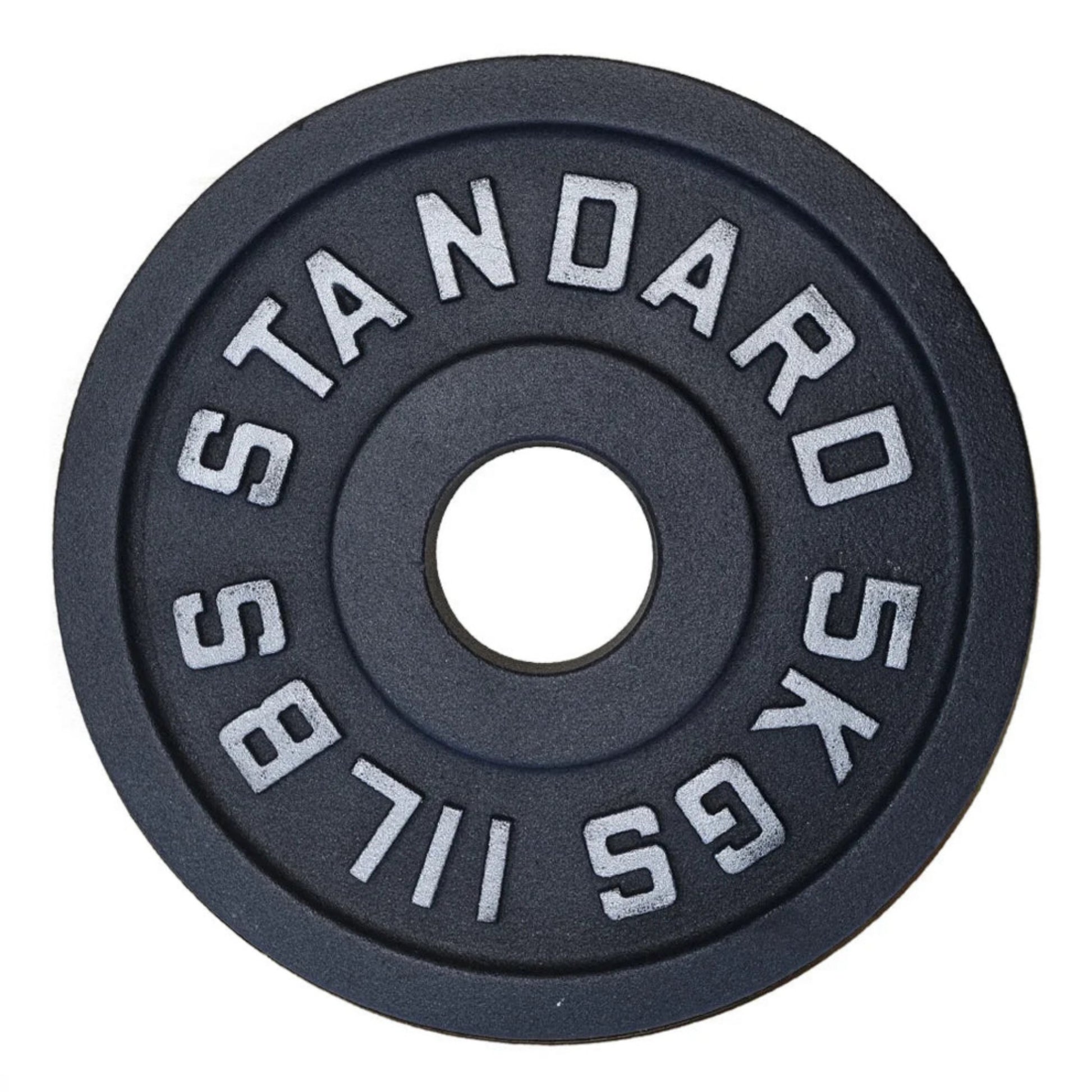 Gymless 5kg black powder-coated cast iron Olympic weight plate with silver lettering for strength training.