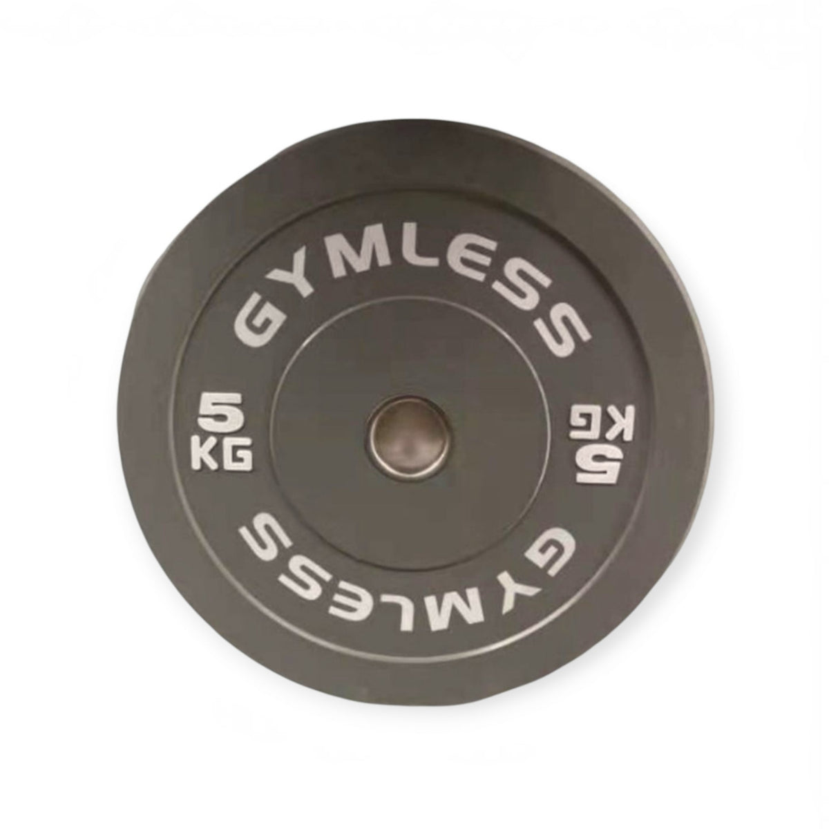 Gymless 5 kg grey Olympic rubber bumper plate with white embossed branding and central steel hub
